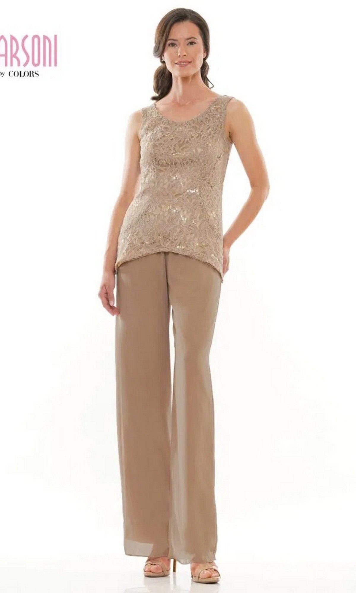 A woman wearing the Marsoni M303 long formal pantsuit, featuring a sleeveless sequined lace top and matching wide-leg pants, stands against a white background.